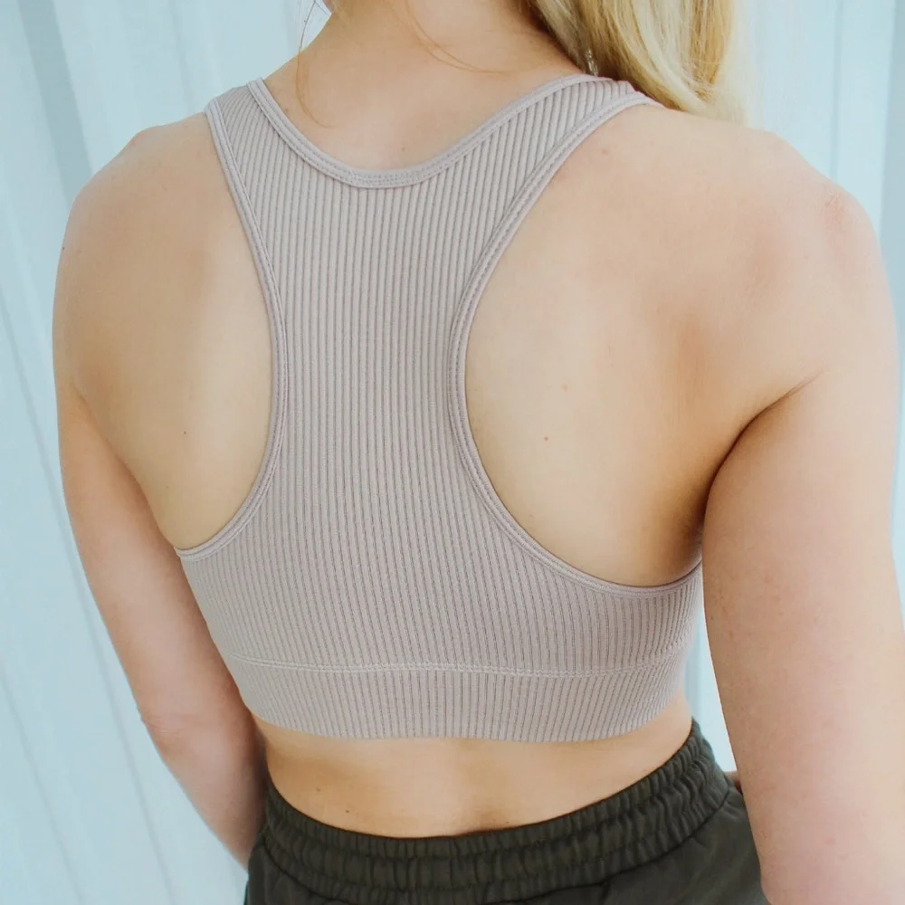 Padded Rib Racerback Sports Bra-Mushroom - Picture 3 of 3